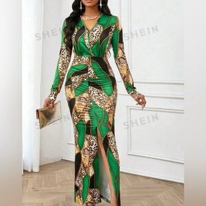 Sexy Lady Green Leopard Chain Print Split Thigh
Belted Bodycon Dress. Size M